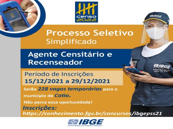 Censo 2022: IBGE abre inscrição para 228 vagas temporárias em Cotia
