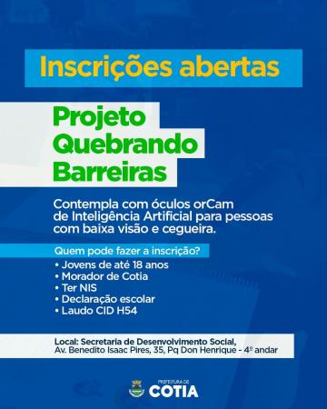Cotia tem inscrições abertas para o projeto ‘Quebrando Barreiras’