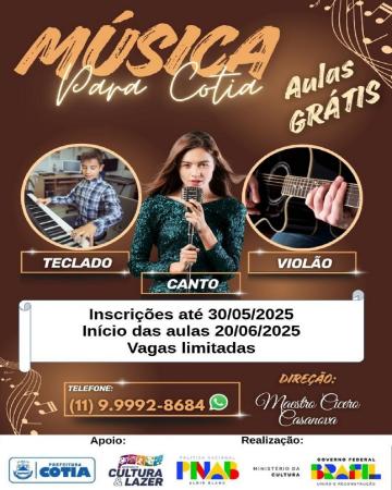 Inscrições abertas para o projeto ‘Música para Cotia’, com aulas de teclado, canto e violão